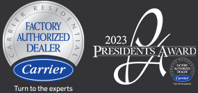 Carrier Factory Authorized Dealer logo and the Carrier 2023 President's award logo