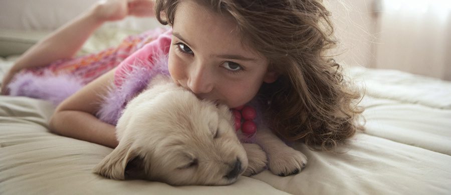 Girl playing with a puppy